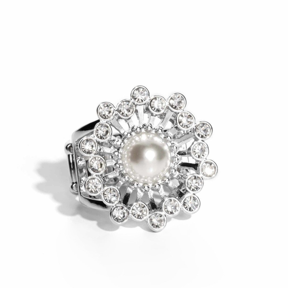 Paparazzi Silver White Pearl Crystal Ring Maypole Dance Fashion Jewelry